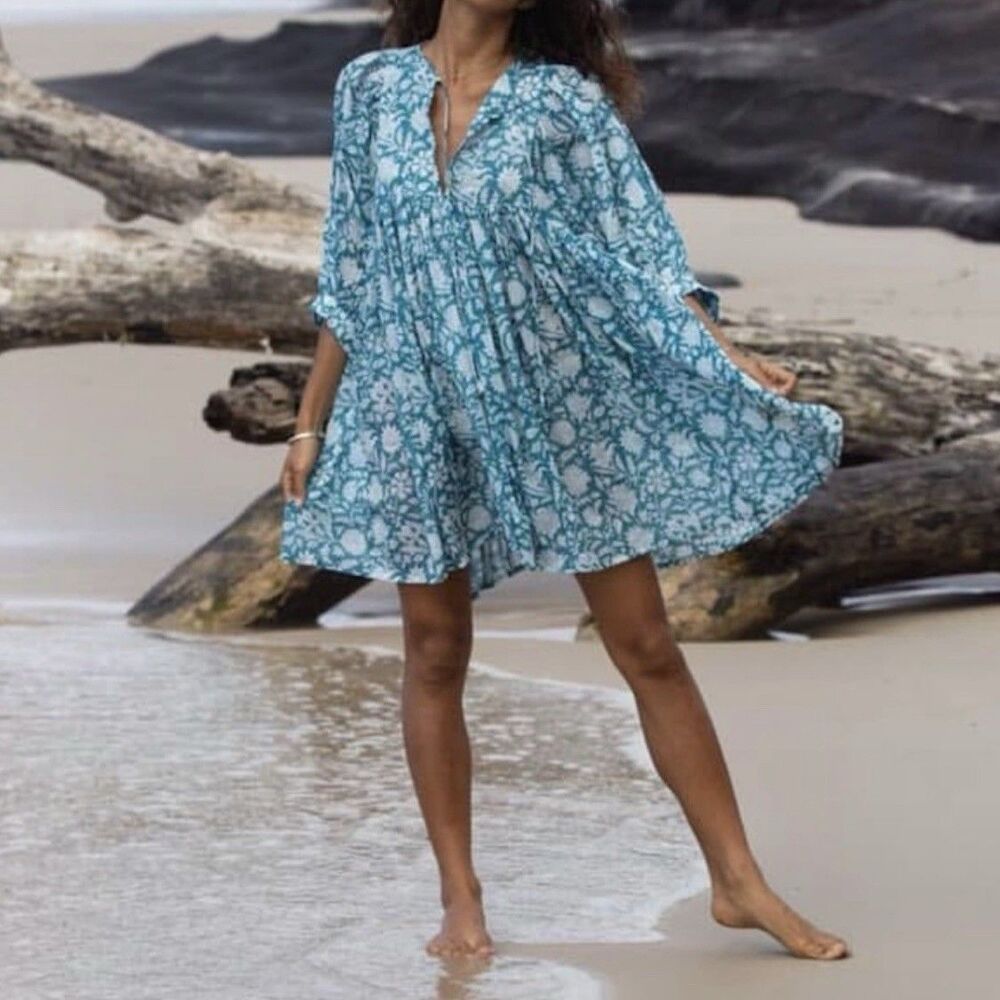 Daughters of India Kyra Dress L (US 8/10) Blue Block Print 100% Cotton Oversized